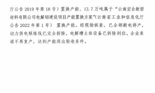 云南宏合新型材料有限公司192.86万吨电解铝建设项目B系列二段产能置换方案执行情况